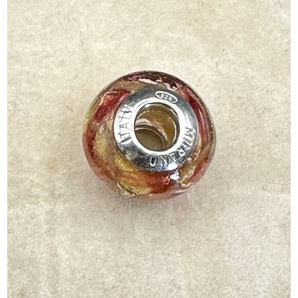 925 Sterling Murano Italy Glass Charm Bead Gold Swirl Orange Red - Picture 1 of 4